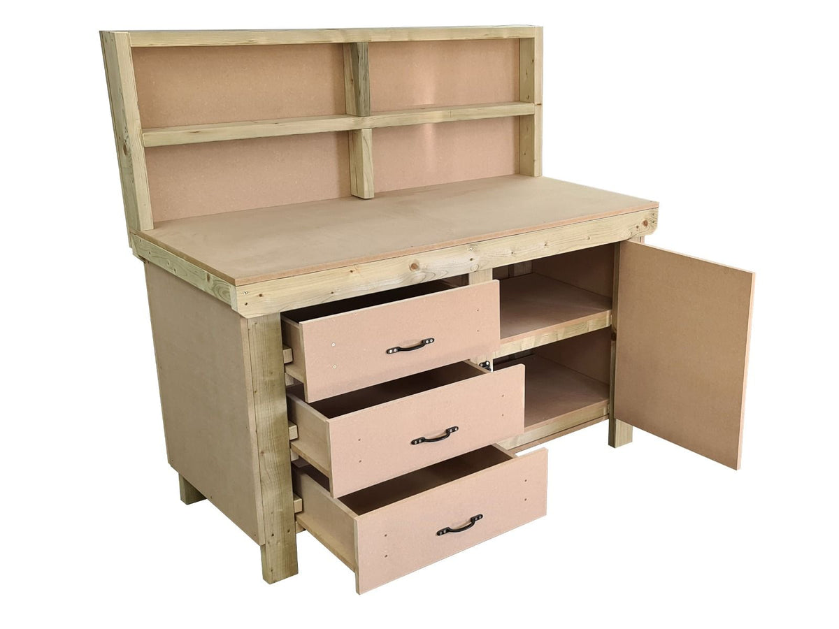 Wooden MDF top workbench, tool cabinet with lockable cupboard (V.3) with back and double shelf - SGP Garden Ltd