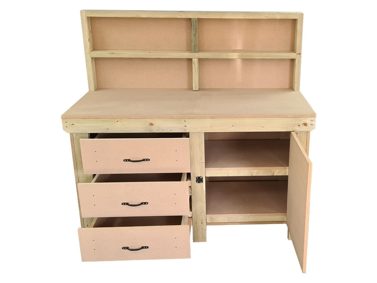 Wooden MDF top workbench, tool cabinet with lockable cupboard (V.3) with back and double shelf - SGP Garden Ltd