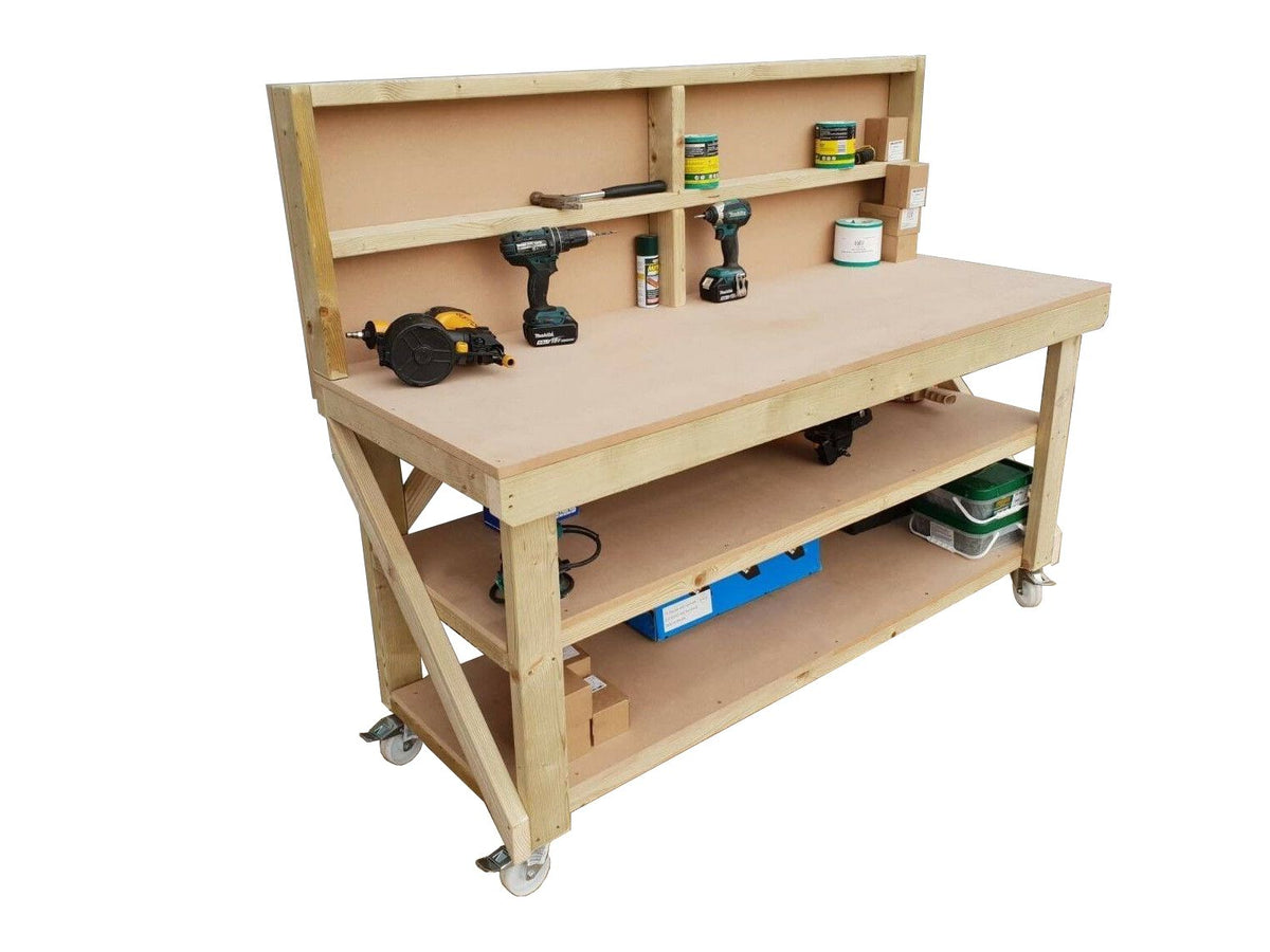 Wooden MDF top workbench with back panel, double shelf and wheels - SGP Garden Ltd