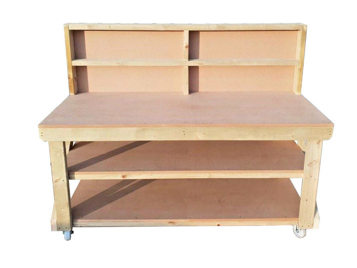 Wooden MDF top workbench with back panel, double shelf and wheels - SGP Garden Ltd