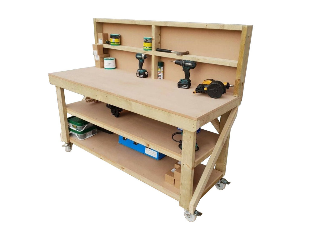 Wooden MDF top workbench with back panel, double shelf and wheels - SGP Garden Ltd