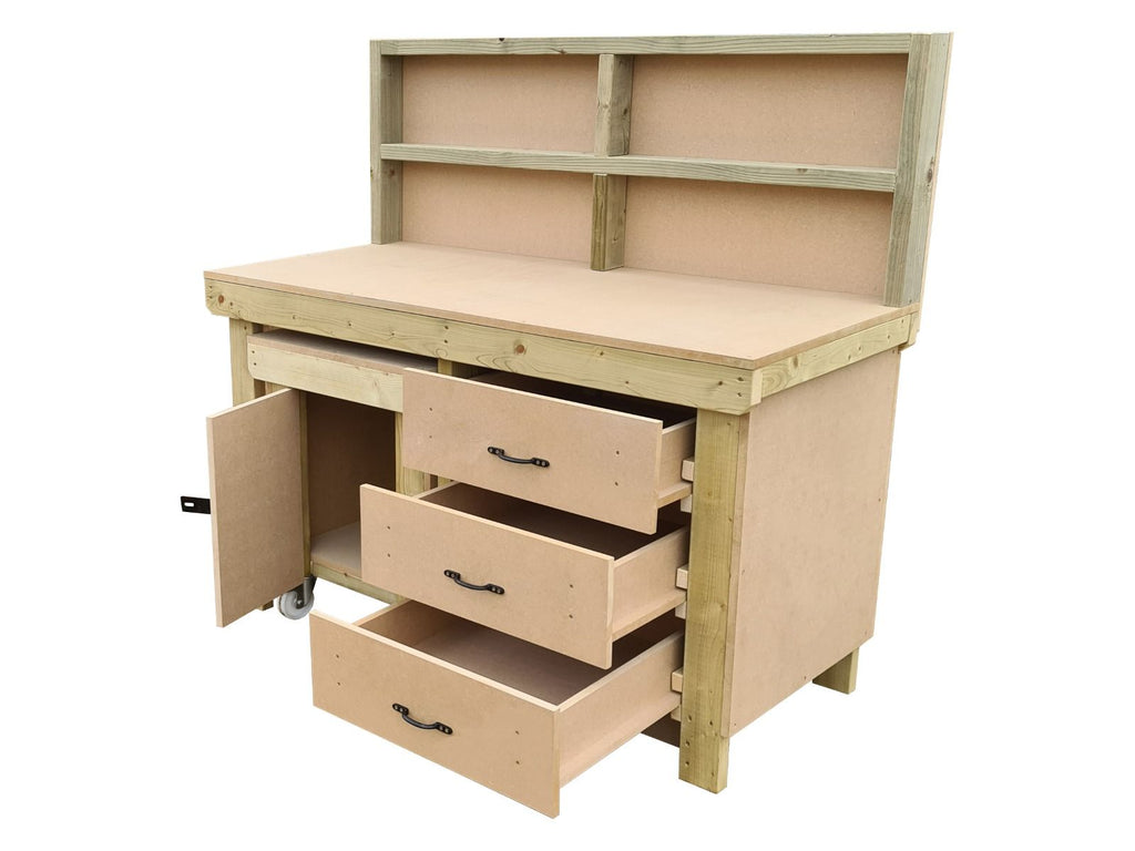Wooden MDF top workbench with drawers, back panel and functional lockable cupboard (V.6) - SGP Garden Ltd