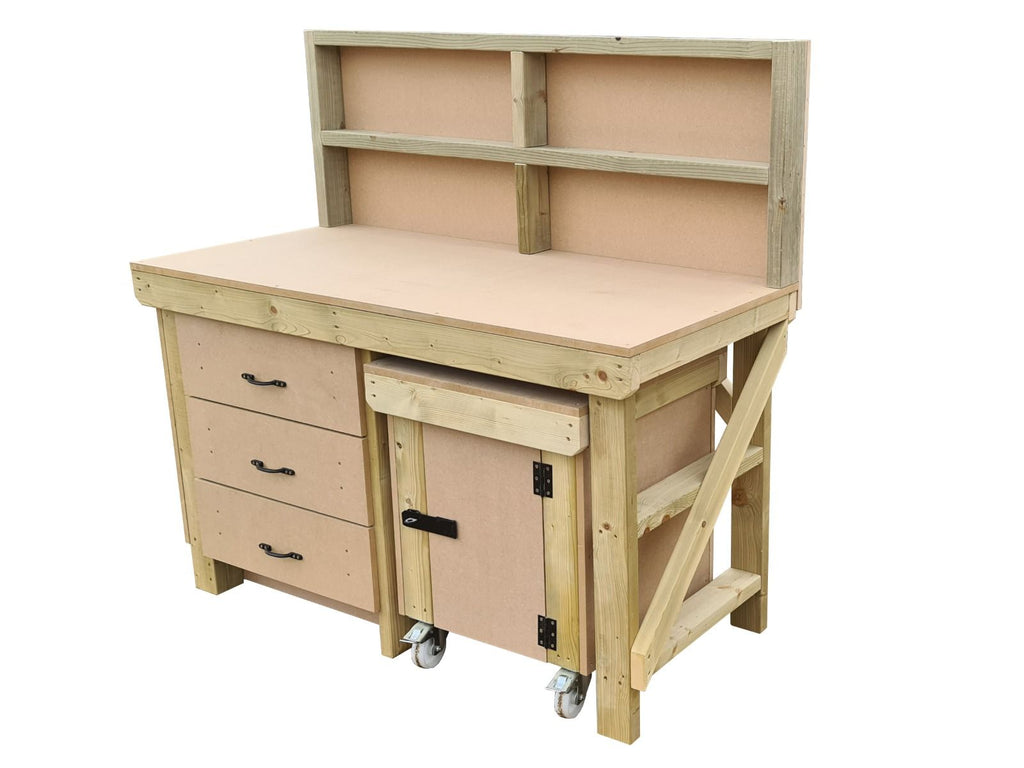 Wooden MDF top workbench with drawers, back panel and functional lockable cupboard (V.6) - SGP Garden Ltd