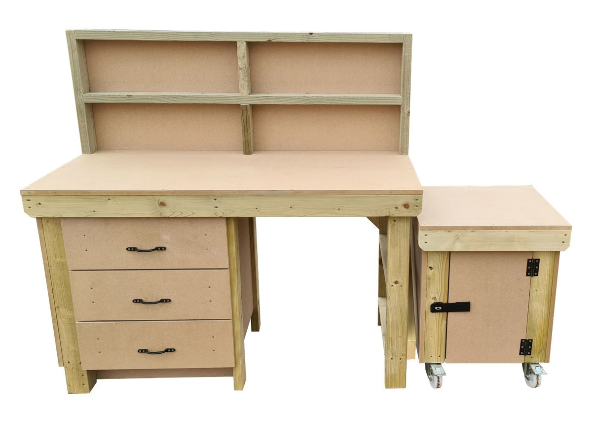 Wooden MDF top workbench with drawers, back panel and functional lockable cupboard (V.6) - SGP Garden Ltd