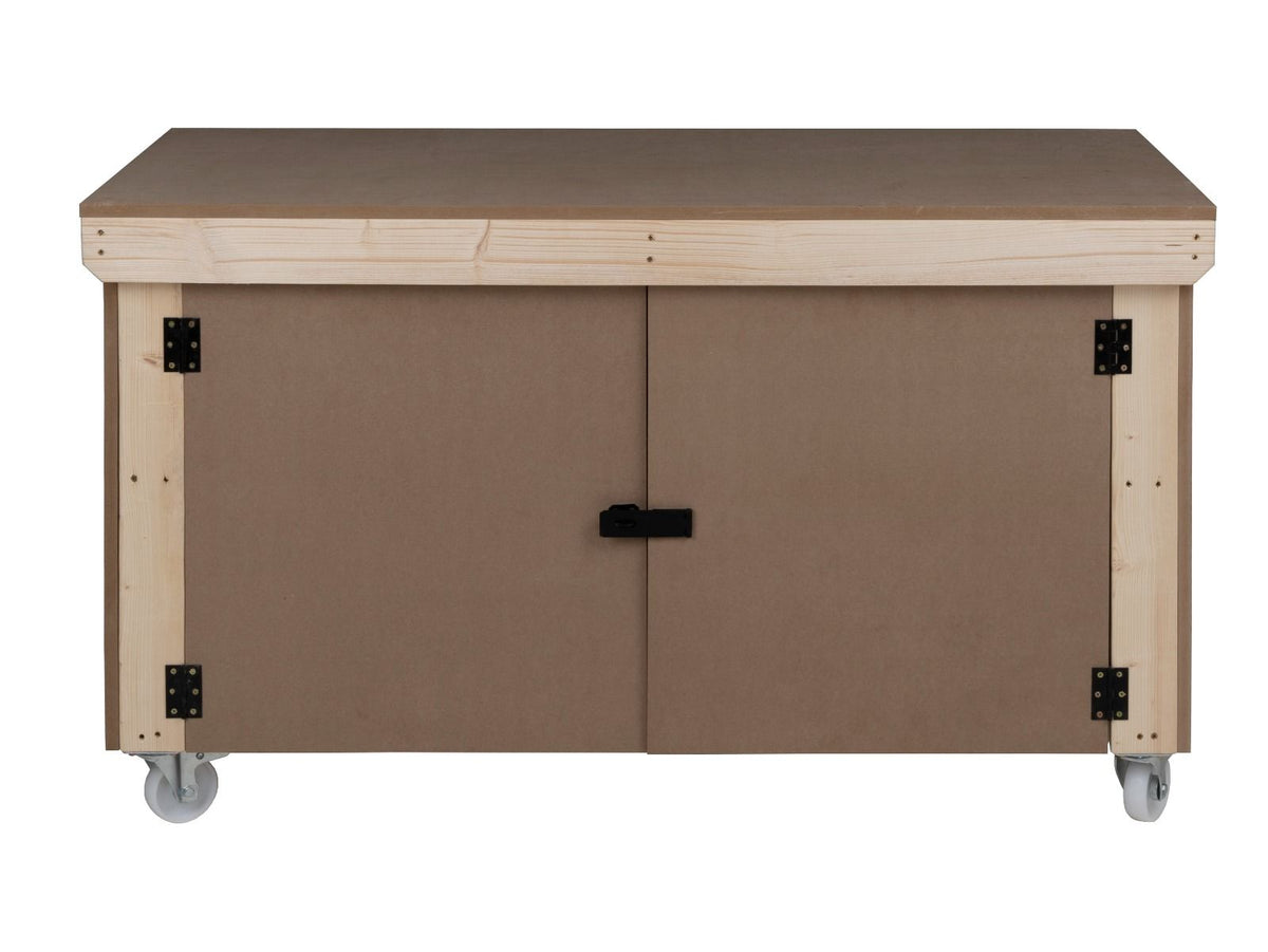 Wooden MDF Top Workbench With Lockable Cupboard (V.9) double shelf and wheels - SGP Garden Ltd