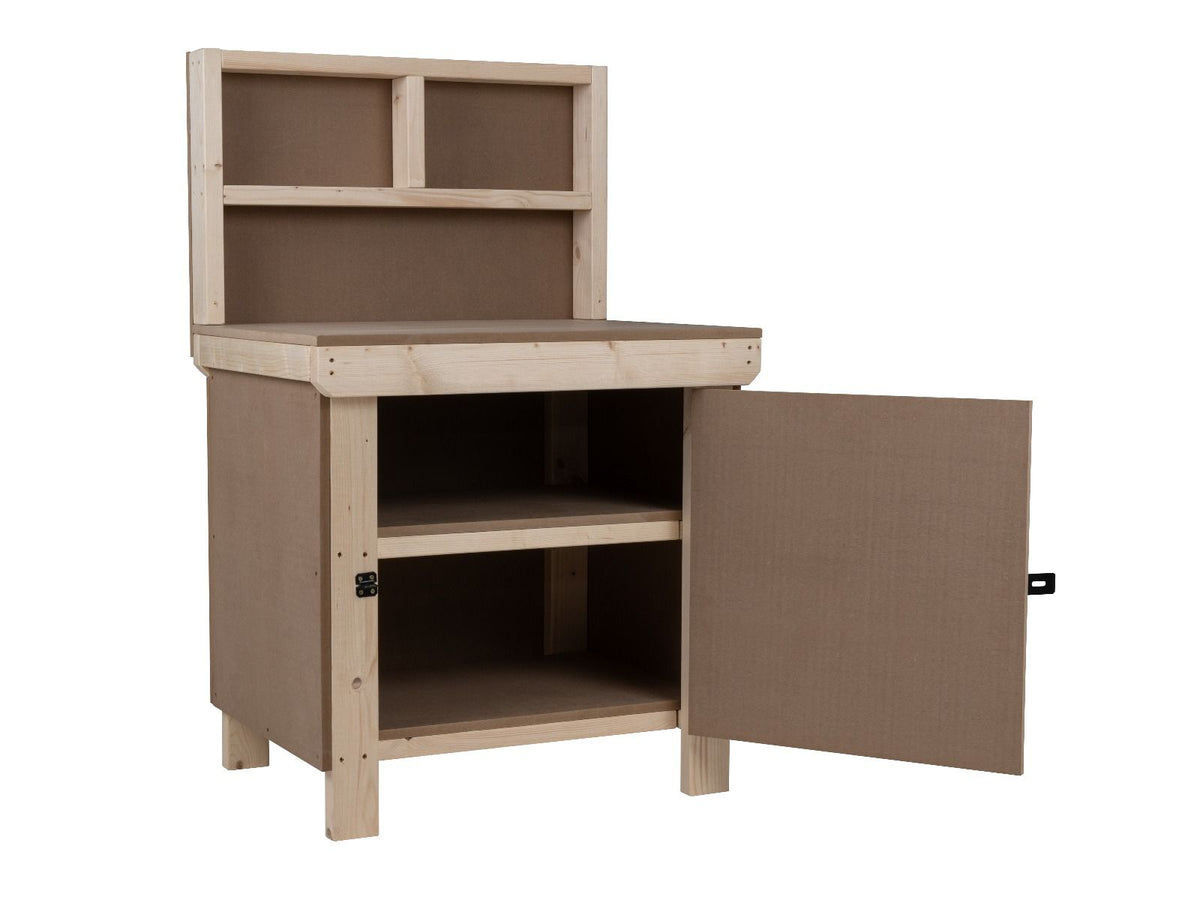Wooden MDF Top Workbench With Lockable Cupboard (V.9) with back panel and double shelf - SGP Garden Ltd