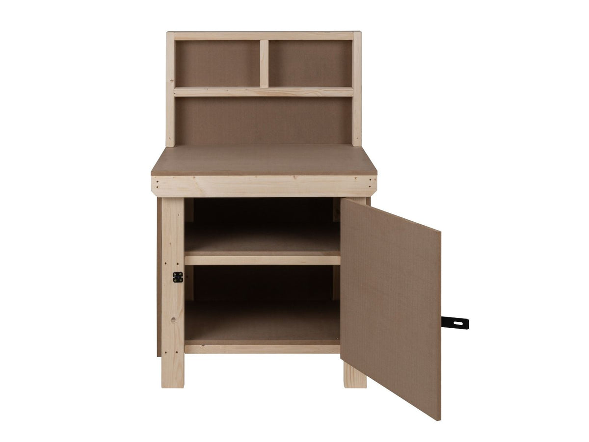 Wooden MDF Top Workbench With Lockable Cupboard (V.9) with back panel and double shelf - SGP Garden Ltd