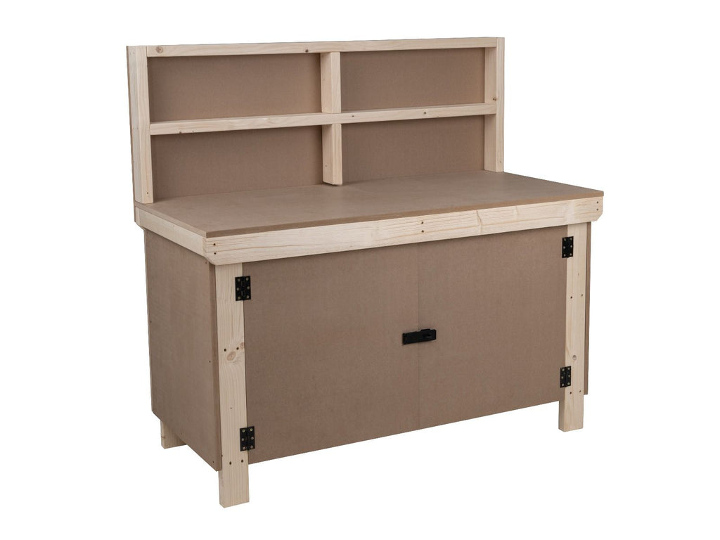 Wooden MDF Top Workbench With Lockable Cupboard (V.9) with back panel and double shelf - SGP Garden Ltd