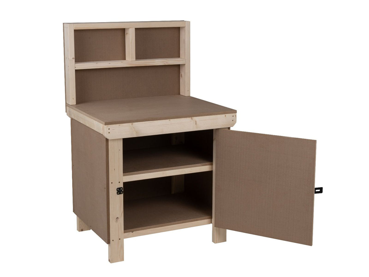 Wooden MDF Top Workbench With Lockable Cupboard (V.9) with back panel and double shelf - SGP Garden Ltd