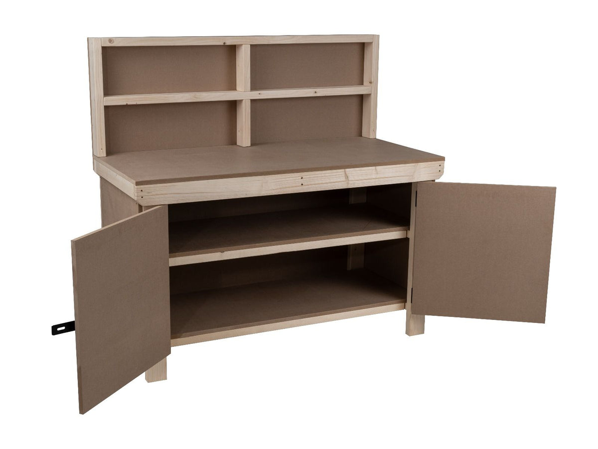Wooden MDF Top Workbench With Lockable Cupboard (V.9) with back panel and double shelf - SGP Garden Ltd