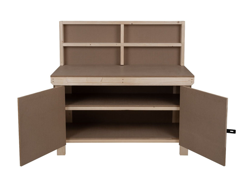 Wooden MDF Top Workbench With Lockable Cupboard (V.9) with back panel and double shelf - SGP Garden Ltd