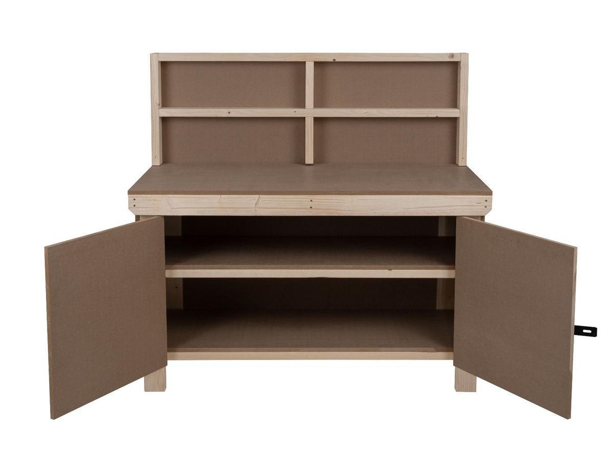 Wooden MDF Top Workbench With Lockable Cupboard (V.9) with back panel and double shelf - SGP Garden Ltd