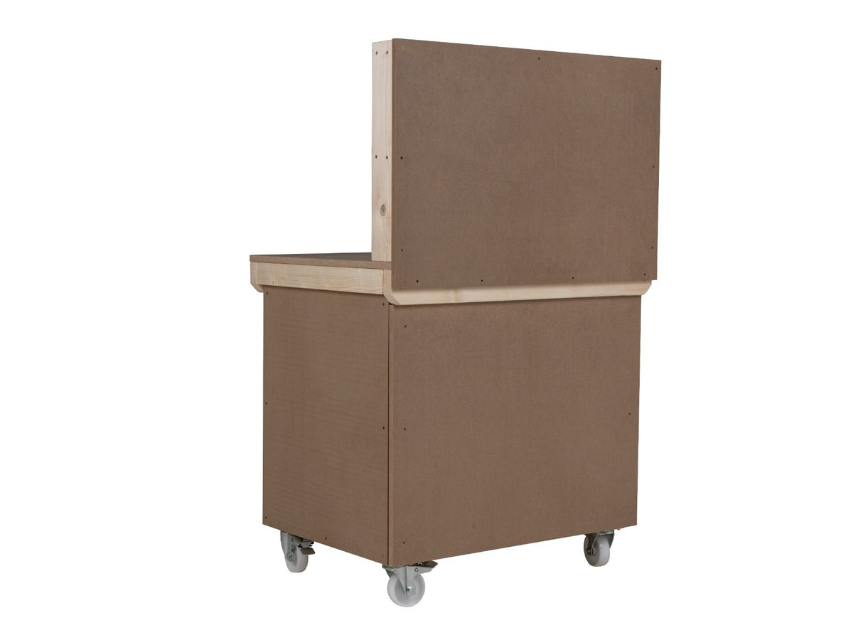 Wooden MDF Top Workbench With Lockable Cupboard (V.9) with back panel and wheels - SGP Garden Ltd