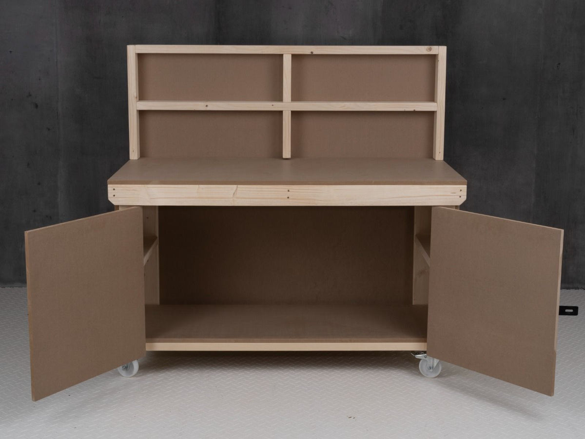 Wooden MDF Top Workbench With Lockable Cupboard (V.9) with back panel and wheels - SGP Garden Ltd