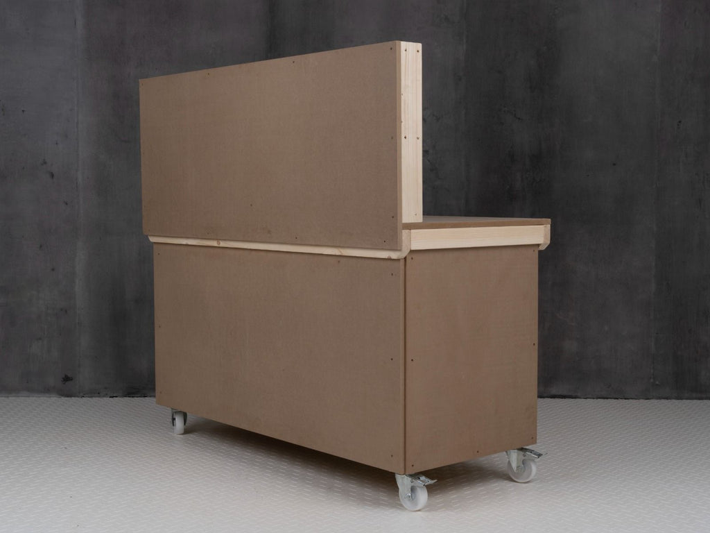 Wooden MDF Top Workbench With Lockable Cupboard (V.9) with back panel and wheels - SGP Garden Ltd