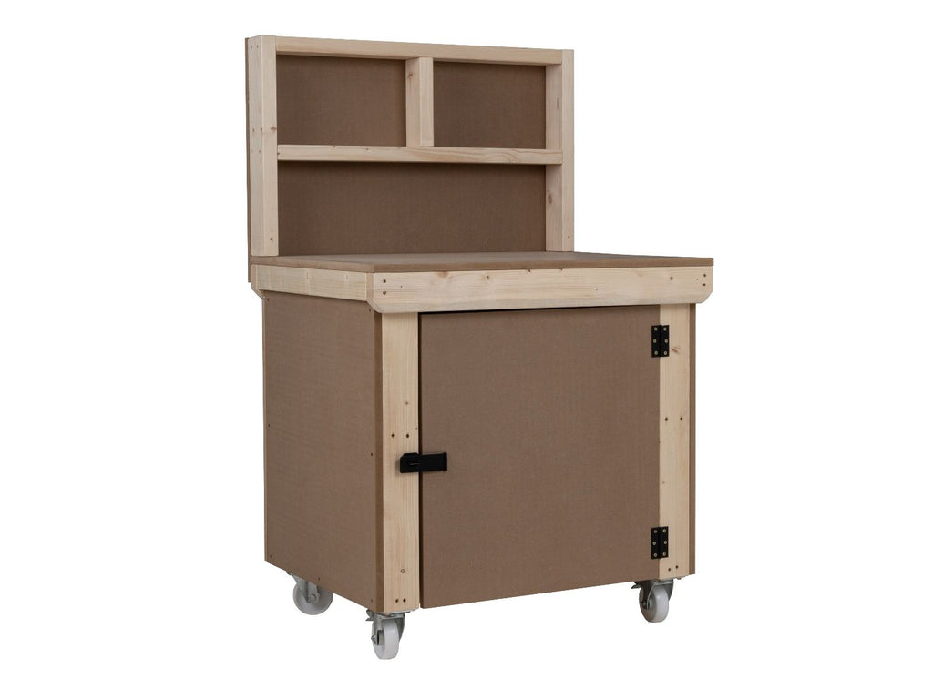 Wooden MDF Top Workbench With Lockable Cupboard (V.9) with back panel and wheels - SGP Garden Ltd