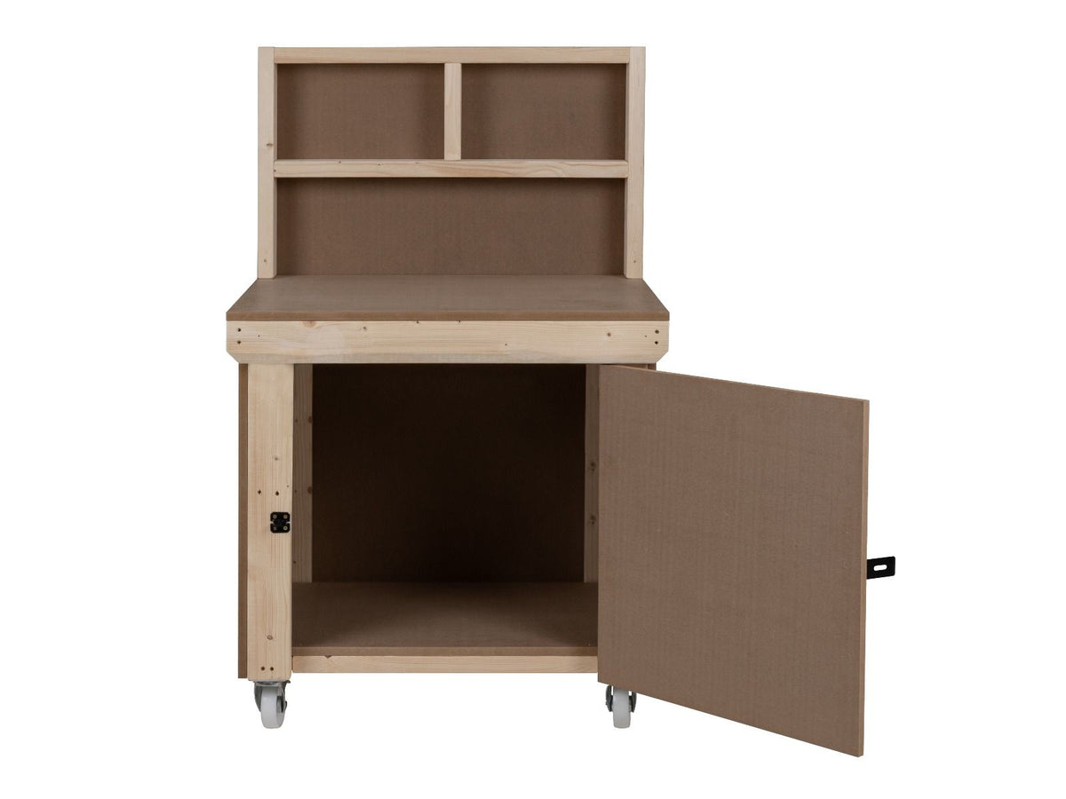 Wooden MDF Top Workbench With Lockable Cupboard (V.9) with back panel and wheels - SGP Garden Ltd