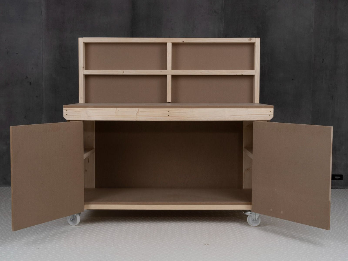 Wooden MDF Top Workbench With Lockable Cupboard (V.9) with back panel and wheels - SGP Garden Ltd