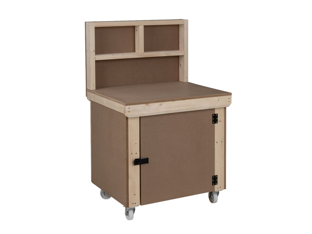 Wooden MDF Top Workbench With Lockable Cupboard (V.9) with back panel and wheels - SGP Garden Ltd