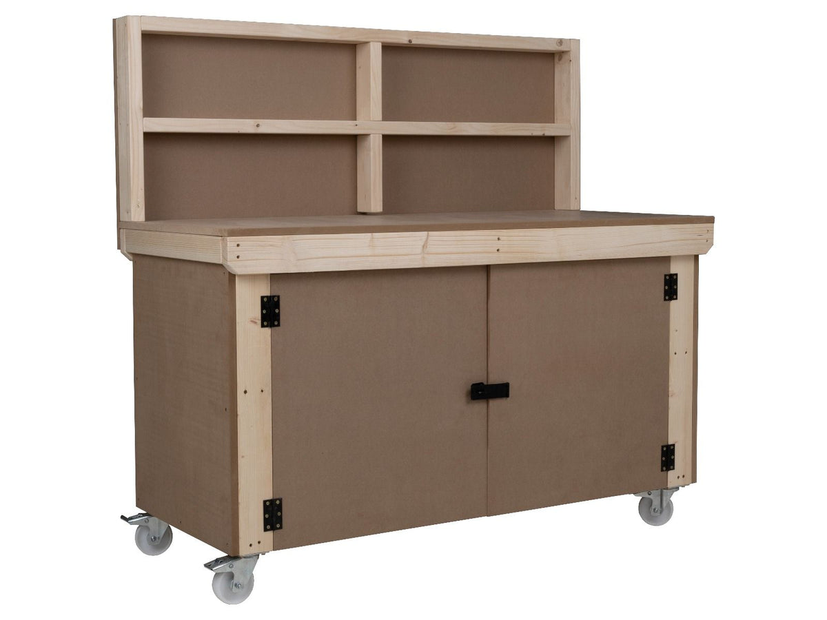 Wooden MDF Top Workbench With Lockable Cupboard (V.9) with back panel, double shelf and wheels - SGP Garden Ltd