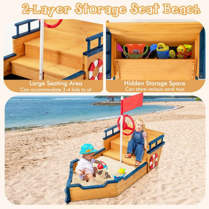 Wooden Pirate Sandboat with Bench Seat & Flag - SGP Garden Ltd
