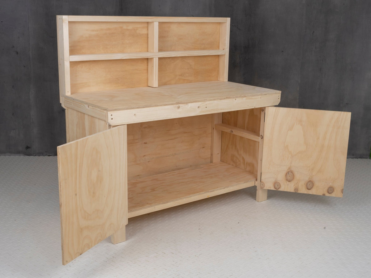 Wooden Plywood Top Workbench With Lockable Cupboard (V.9) With back panel - SGP Garden Ltd