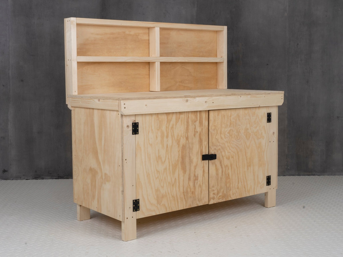 Wooden Plywood Top Workbench With Lockable Cupboard (V.9) With back panel, Double Shelf - SGP Garden Ltd