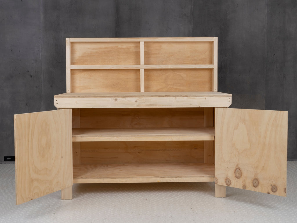 Wooden Plywood Top Workbench With Lockable Cupboard (V.9) With back panel, Double Shelf - SGP Garden Ltd