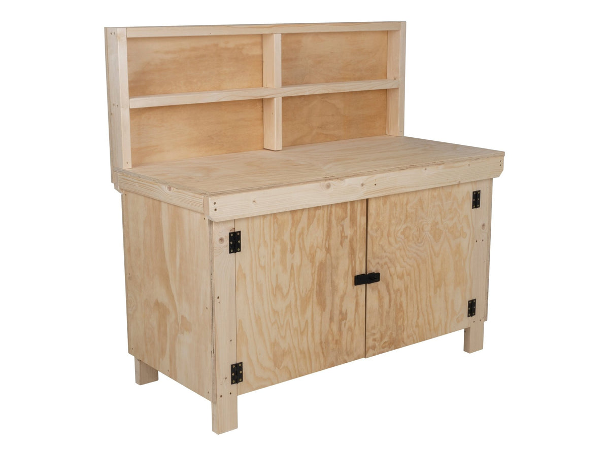 Wooden Plywood Top Workbench With Lockable Cupboard (V.9) With back panel, Double Shelf - SGP Garden Ltd
