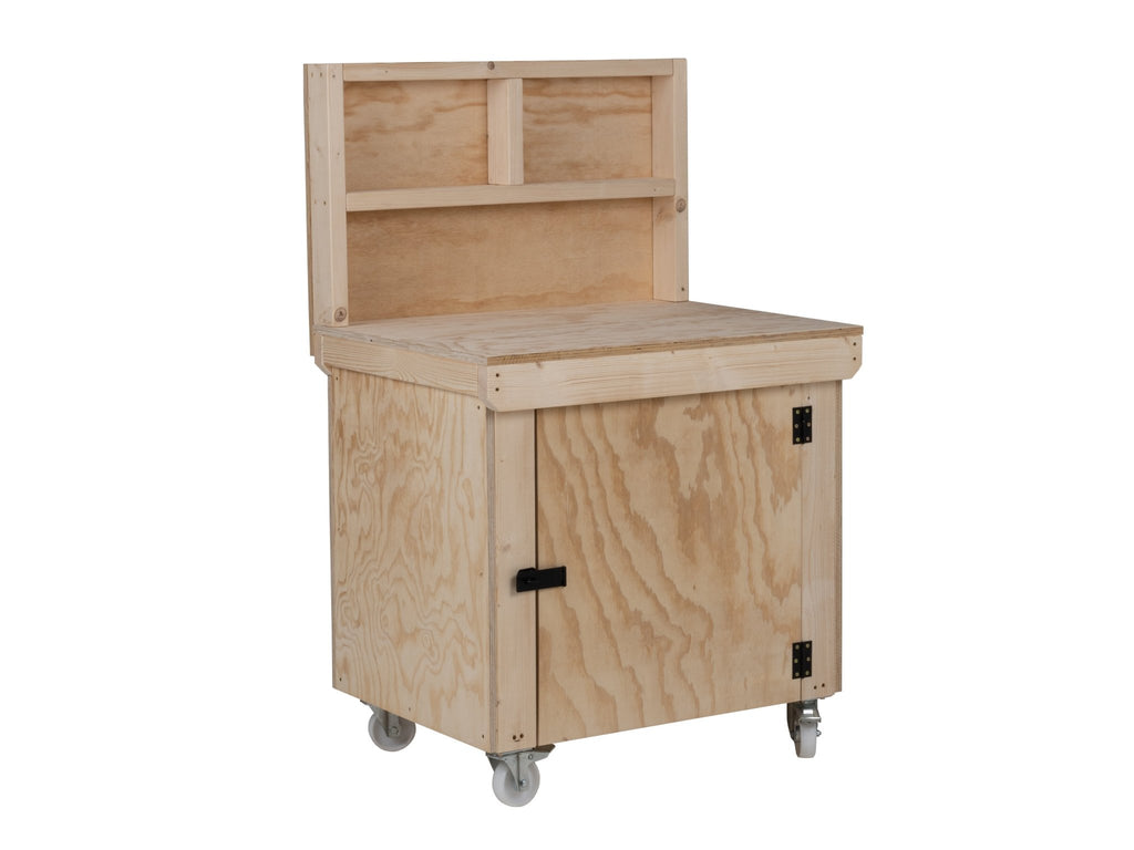 Wooden Plywood Top Workbench With Lockable Cupboard (V.9) With back panel, With Wheels - SGP Garden Ltd