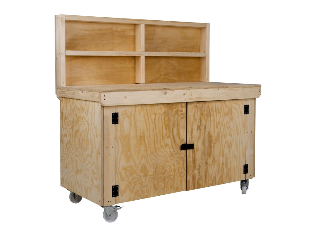 Wooden Plywood Top Workbench With Lockable Cupboard (V.9) With back panel, With Wheels - SGP Garden Ltd