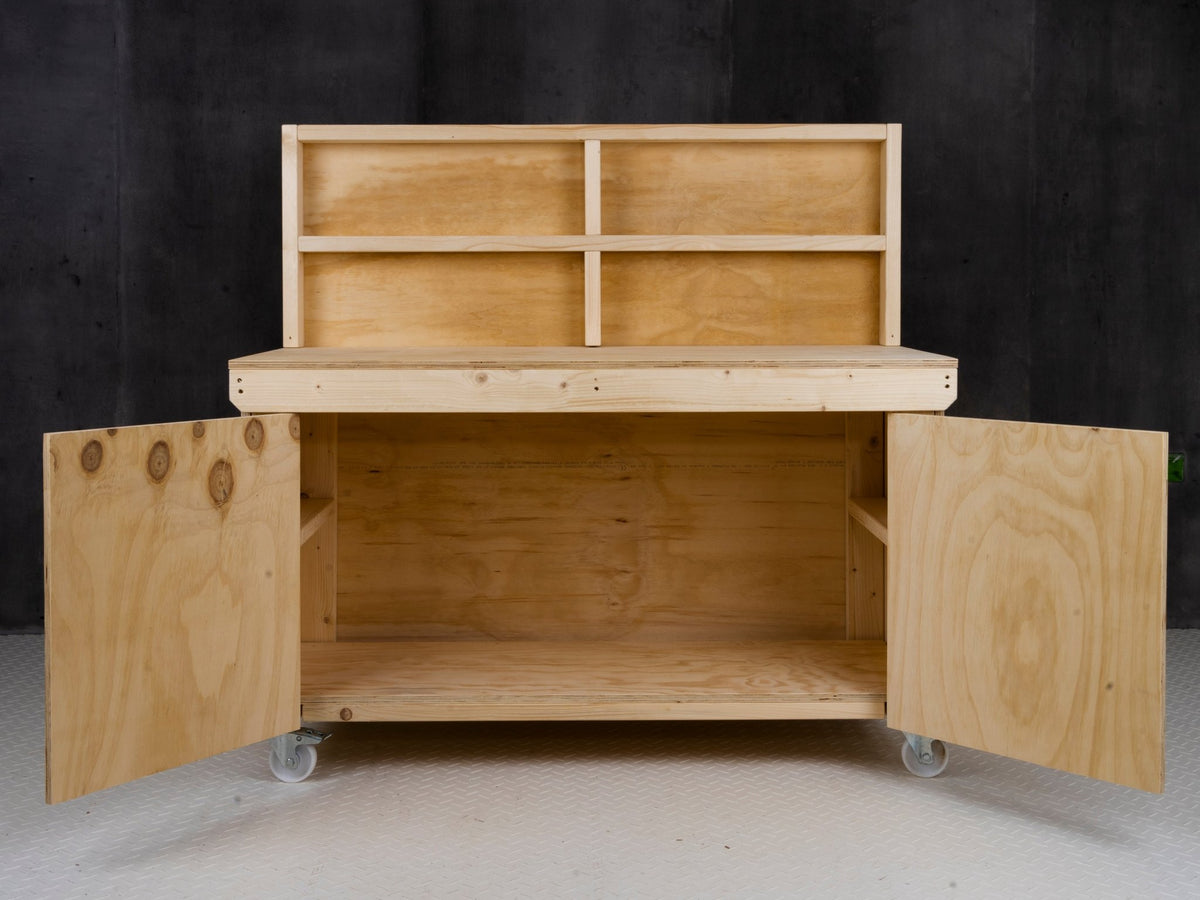 Wooden Plywood Top Workbench With Lockable Cupboard (V.9) With back panel, With Wheels - SGP Garden Ltd