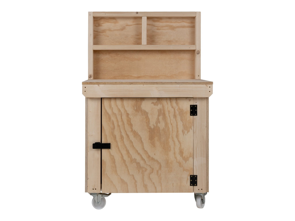 Wooden Plywood Top Workbench With Lockable Cupboard (V.9) With back panel, With Wheels - SGP Garden Ltd