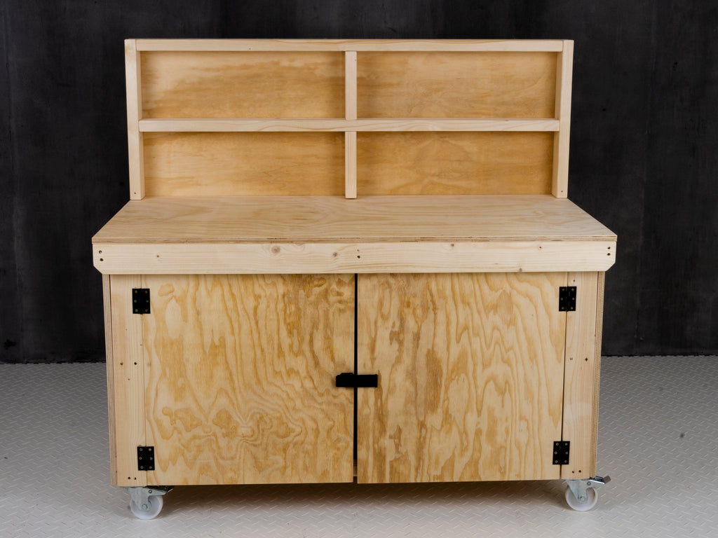 Wooden Plywood Top Workbench With Lockable Cupboard (V.9) With back panel, With Wheels - SGP Garden Ltd