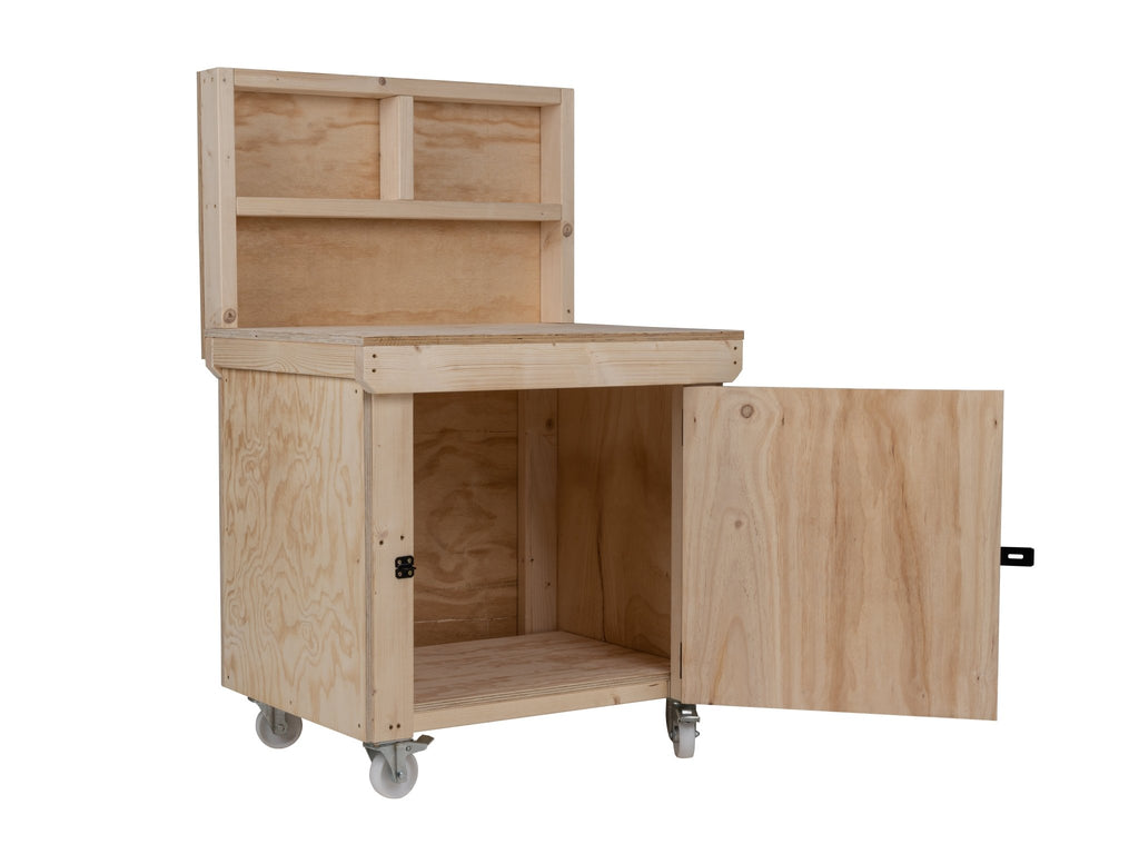 Wooden Plywood Top Workbench With Lockable Cupboard (V.9) With back panel, With Wheels - SGP Garden Ltd