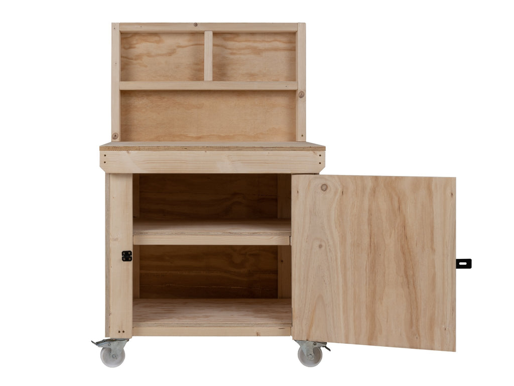 Wooden Plywood Top Workbench With Lockable Cupboard (V.9) With back panel, With wheels, Double Shelf - SGP Garden Ltd