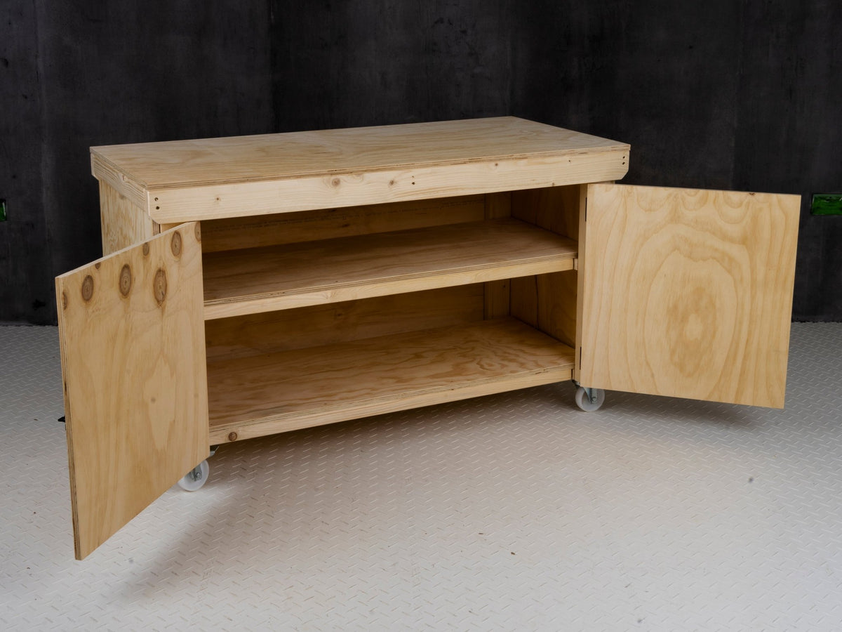 Wooden Plywood Top Workbench With Lockable Cupboard (V.9) With Wheels, Double Shelf - SGP Garden Ltd