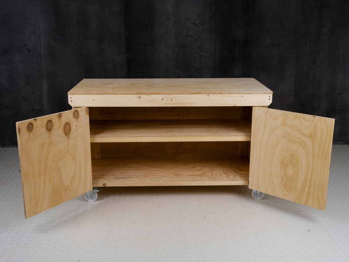 Wooden Plywood Top Workbench With Lockable Cupboard (V.9) With Wheels, Double Shelf - SGP Garden Ltd