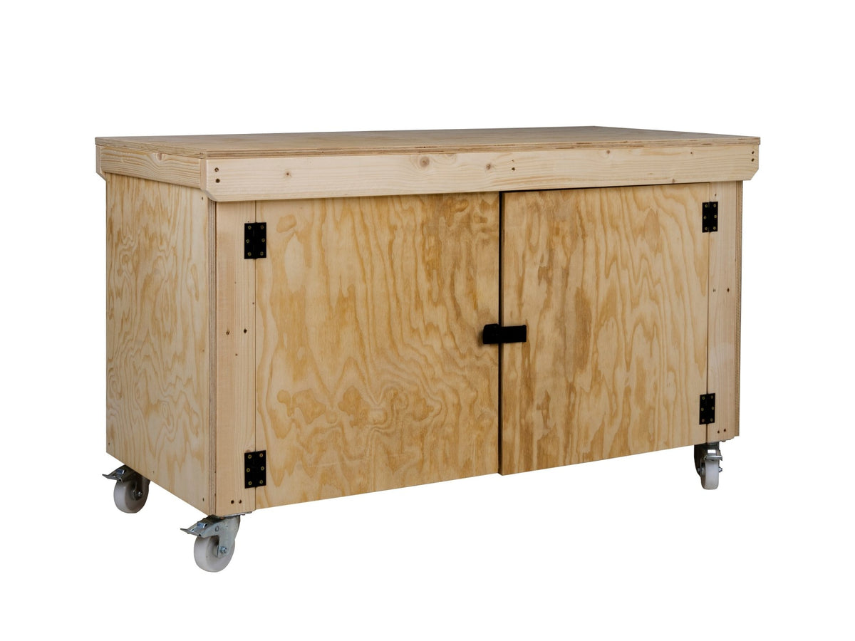 Wooden Plywood Top Workbench With Lockable Cupboard (V.9) With Wheels, Double Shelf - SGP Garden Ltd