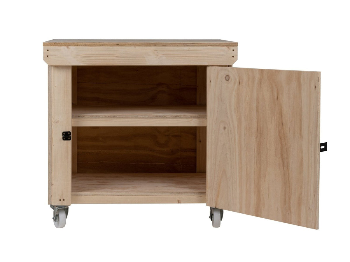 Wooden Plywood Top Workbench With Lockable Cupboard (V.9) With Wheels, Double Shelf - SGP Garden Ltd
