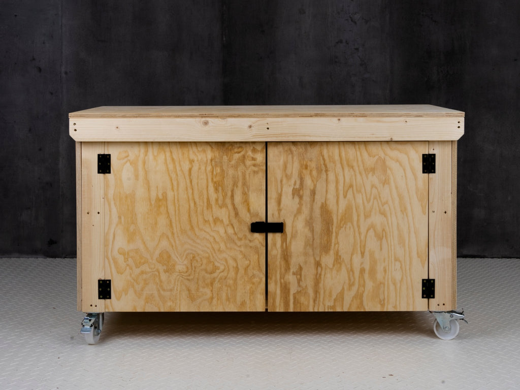 Wooden Plywood Top Workbench With Lockable Cupboard (V.9) With Wheels, Double Shelf - SGP Garden Ltd