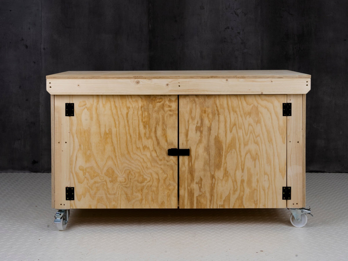 Wooden Plywood Top Workbench With Lockable Cupboard (V.9) With Wheels, Double Shelf - SGP Garden Ltd