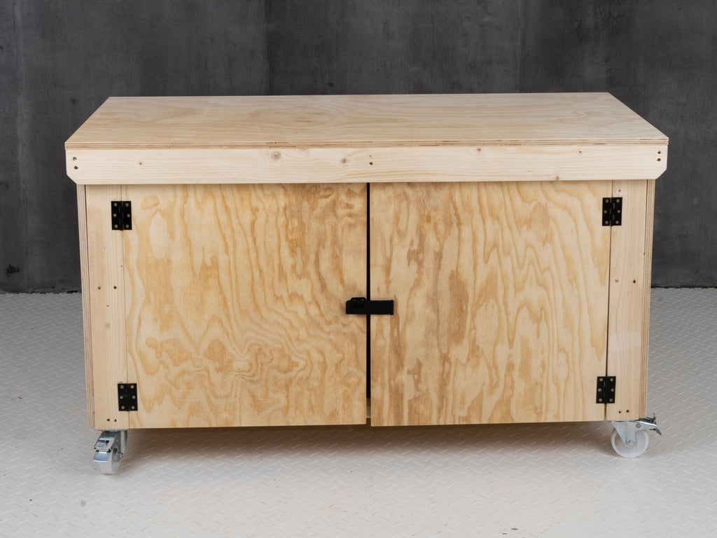 Wooden Plywood Top Workbench With Lockable Cupboard (V.9) With Wheels, Double Shelf - SGP Garden Ltd