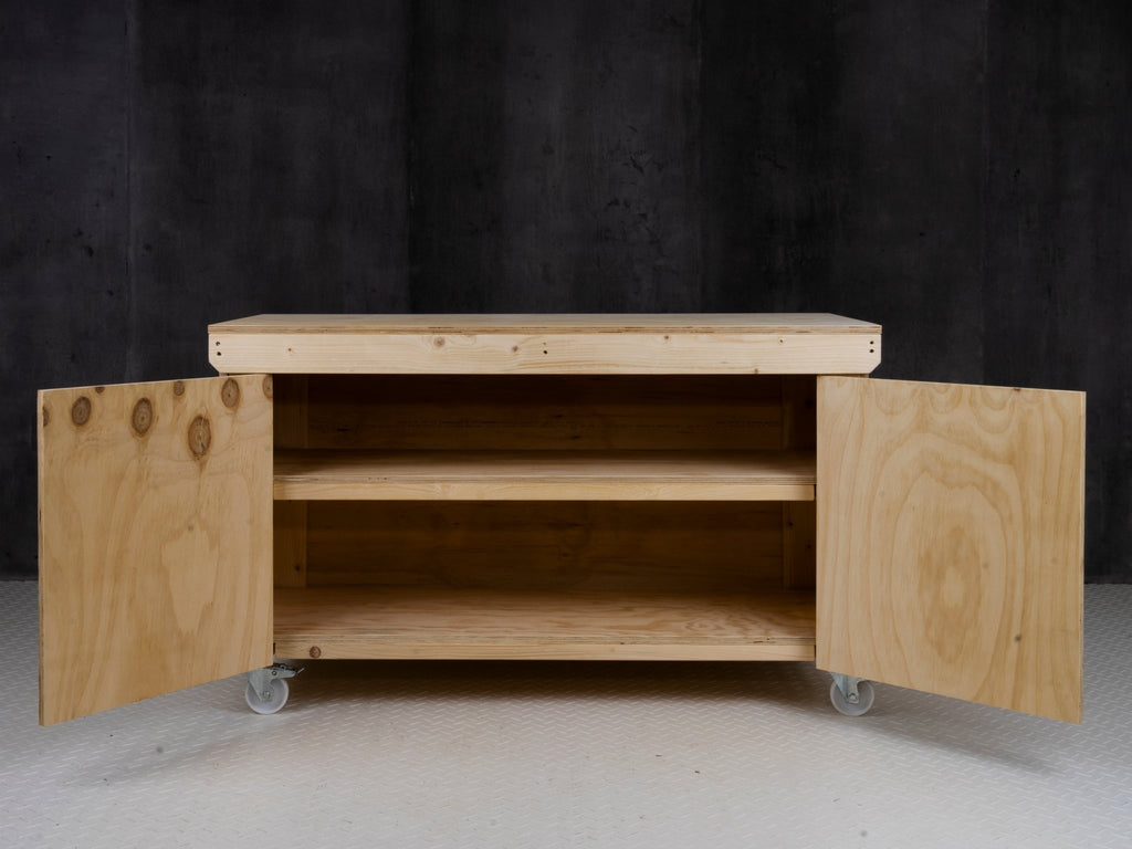 Wooden Plywood Top Workbench With Lockable Cupboard (V.9) With Wheels, Double Shelf - SGP Garden Ltd