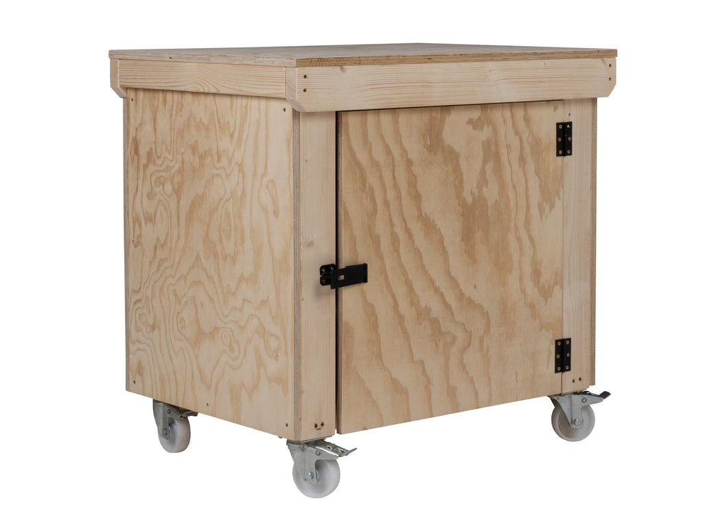Wooden Plywood Top Workbench With Lockable Cupboard (V.9) With Wheels, Double Shelf - SGP Garden Ltd