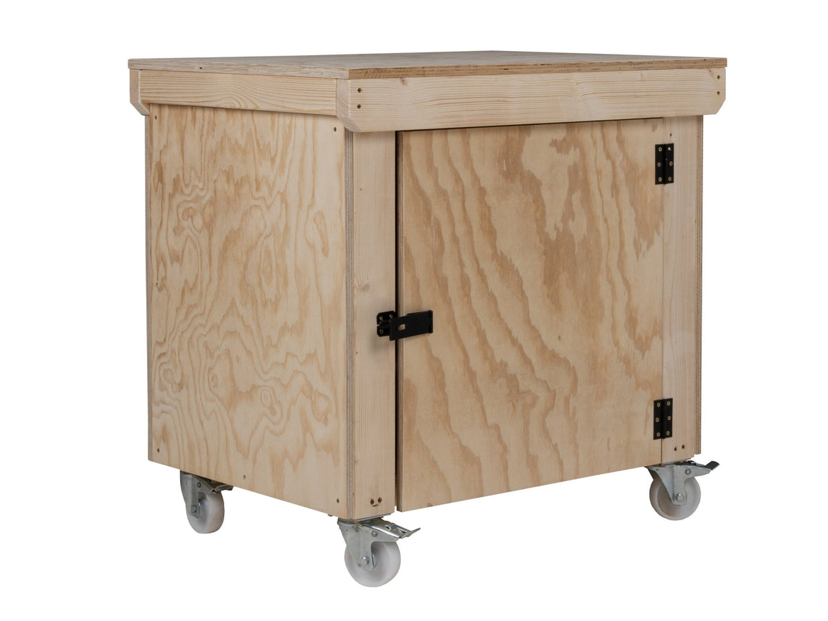 Wooden Plywood Top Workbench With Lockable Cupboard (V.9) With Wheels, Double Shelf - SGP Garden Ltd