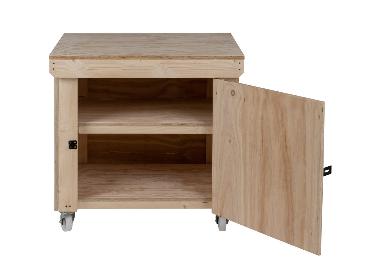 Wooden Plywood Top Workbench With Lockable Cupboard (V.9) With Wheels, Double Shelf - SGP Garden Ltd