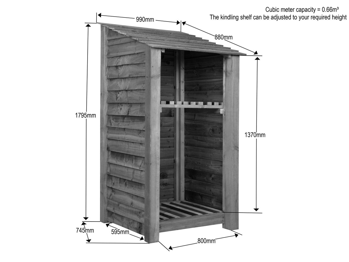 Wooden Premium Tongue/Groove Log Store with Shelf (W-99cm, H-126cm or H-180cm, D-88cm) - SGP Garden Ltd