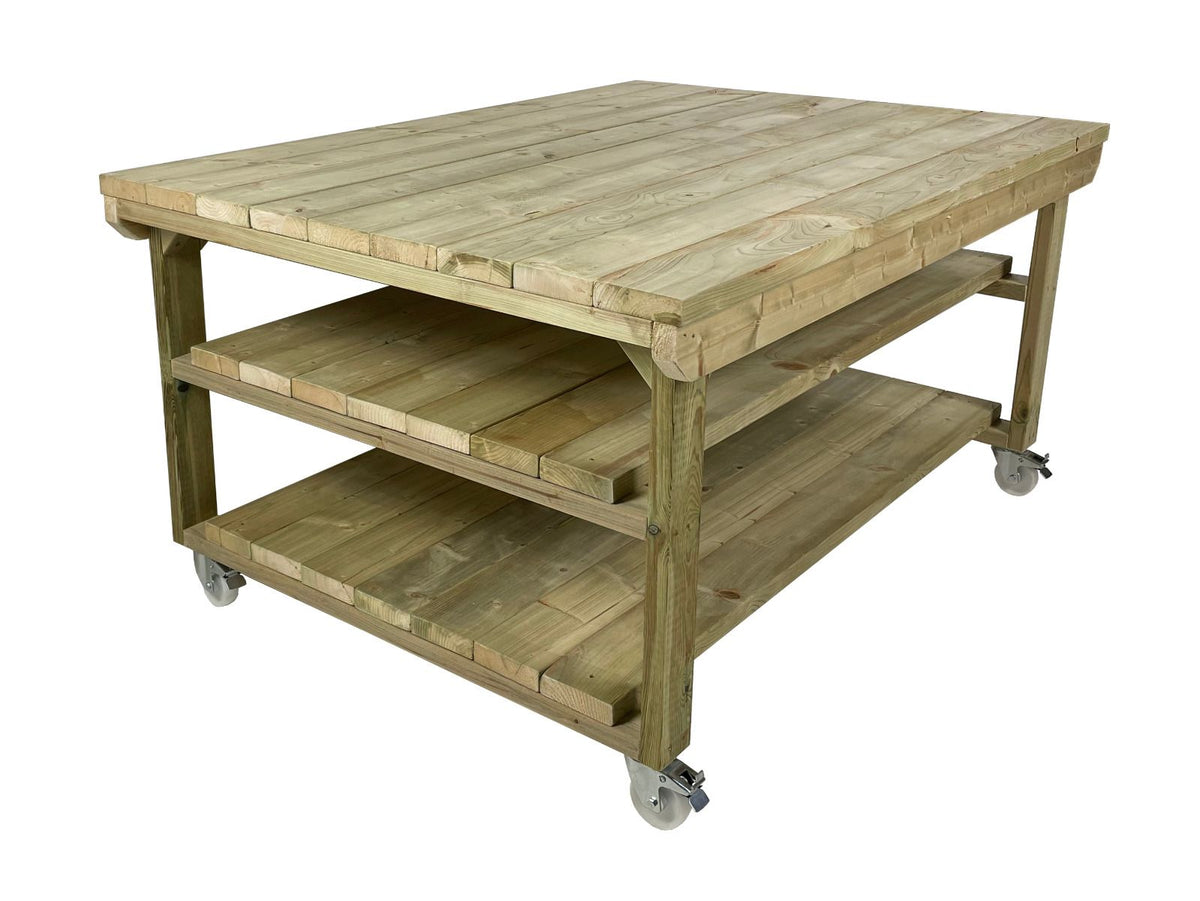 Wooden Super Heavy Duty Indoor/Outdoor Workbench 4ft-Depth Double Shelf and Wheels - SGP Garden Ltd