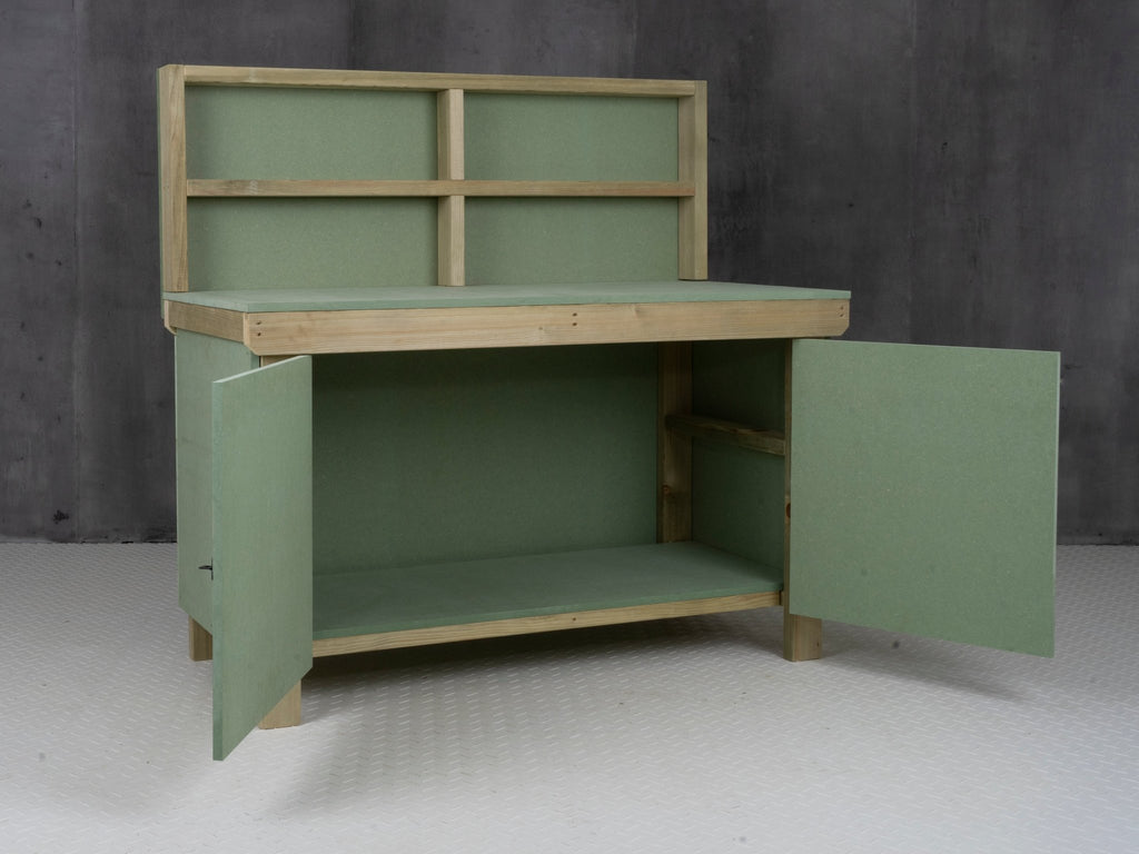 Wooden UniMDF Moisture Resistant Workbench With Lockable Cupboard (V.9) With Back panel - SGP Garden Ltd